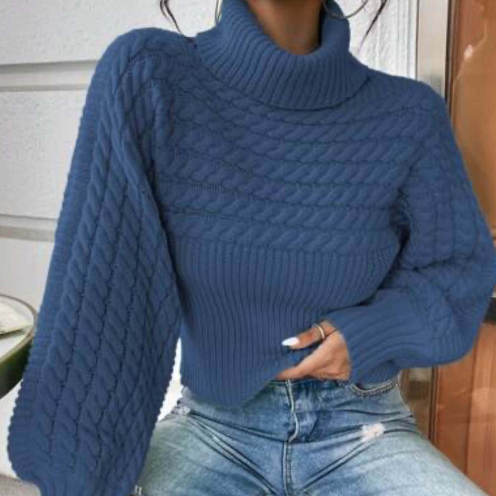 Kendall + Kylie Chunky Cable Knit Turtleneck Sweater Blue Cropped Women's M